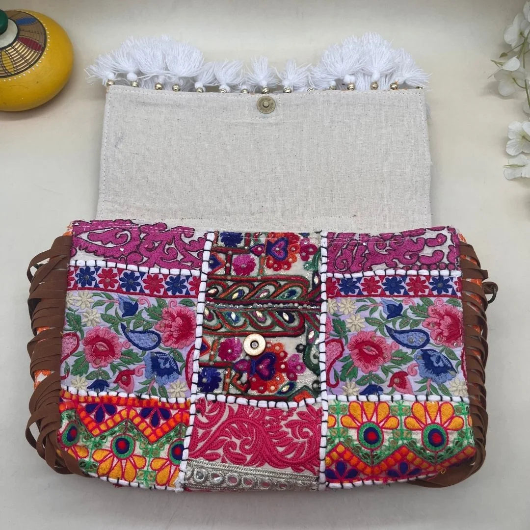 Handcrafted White Banjara Bag - Boho Chic Rajasthani Shoulder Bag with Embroidered