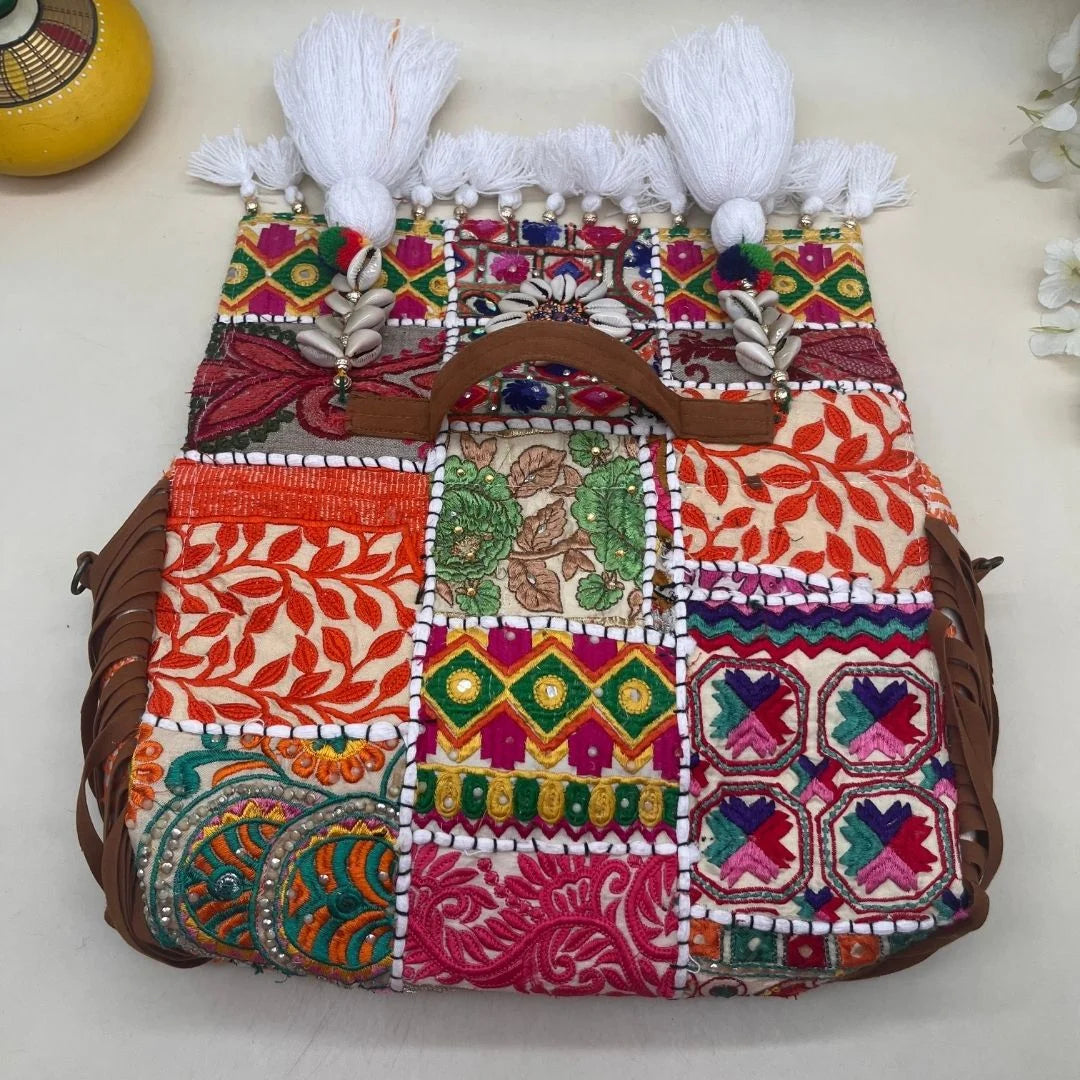 Handcrafted White Banjara Bag - Boho Chic Rajasthani Shoulder Bag with Embroidered