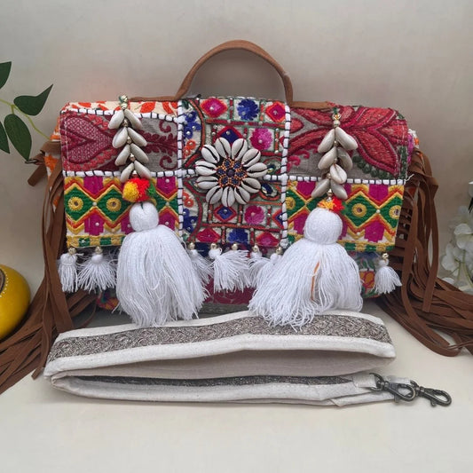 Handcrafted White Banjara Bag - Boho Chic Rajasthani Shoulder Bag with Embroidered
